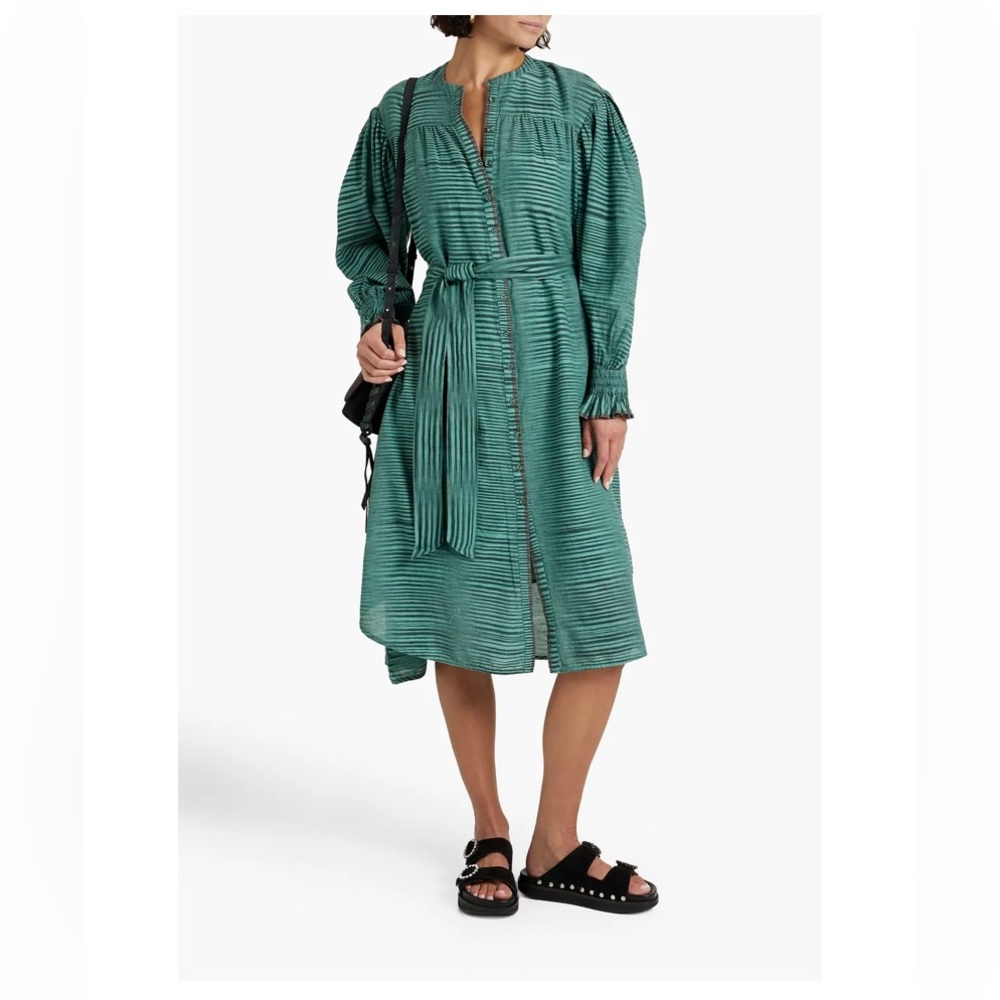 New Ulla Johnson Fiora Ruffle Cotton Striped Midi Shirt Dress Teal $495 4